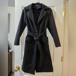 SHEIN women's belted wool-blend trench coat featuring wide lapels and front pock